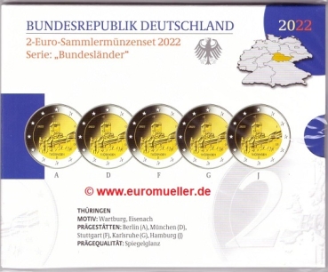 2 Euro Sondermünzen Deutschland 2022 Thüringen 5x PP
