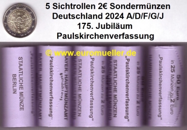 5x Sichtrolle 2 Euro Sondermünze Deutschland 2024 Paulskirchenverfassung