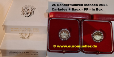 2x 2 Euro Sondermünzen Monaco 2025 Carlades + Baux