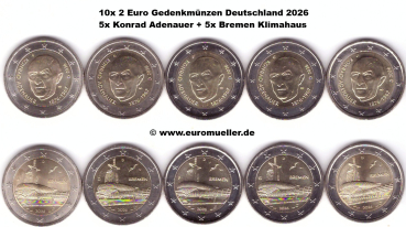 10x 2 Euro Gedenkmünze Deutschland 2026 - Adenauer + Bremen