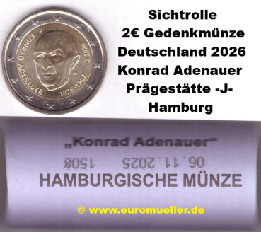 Rolle -J- 2 Euro Sondermünze Deutschland 2026 K. Adenauer