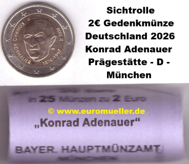 Rolle 2 Euro Gedenkmünze Deutschland 2026 - K. Adenauer -G-