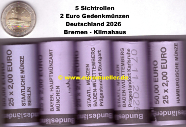 5 Rollen 2 Euro Gedenkmünze Deutschland 2026 - Bremen A-J