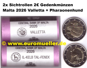 2x Sichtrollen 2 Euro Gedenkmünzen Malta 2026 Valletta + Pharaonenhund