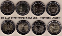 8x 2 Euro Sondermünzen 2008