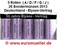 5 Rollen 2 Euro Sondermünzen Deutschland 2013 Elysee Vertrag Sichtrollen
