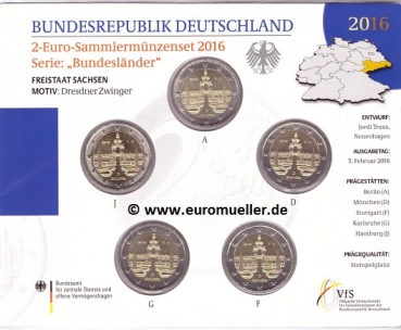5x 2 Euro Deutschland 2016 Sachsen bu.