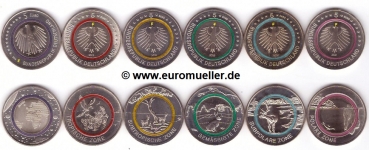 6x 5 Euro Gedenkmünzen Deutschland 2016 - 2021 -F-