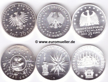 3x 25 Euro Gedenkmünzen Deutschland Weihnachtsmünze 2021 + 2022 + 2023