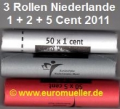 3 Rollen Niederlande 1 + 2 + 5 Cent Kursmünzen 2011