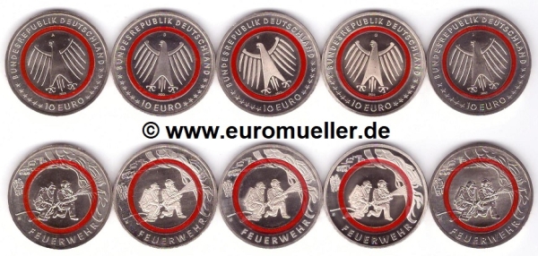 5x 10 Euro Deutschland 2023 Feuerwehr