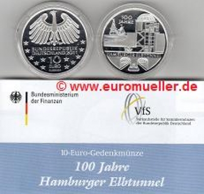 10 Euro Gedenkmünze Deutschland 2011 Elbtunnel  PP