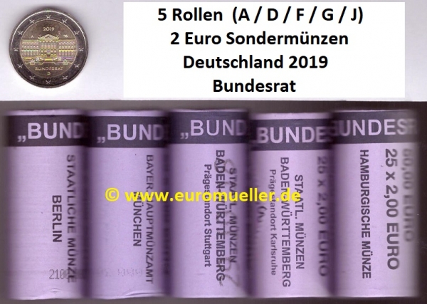 5x Rolle 2 Euro Sondermünze Deutschland 2019 Bundesrat