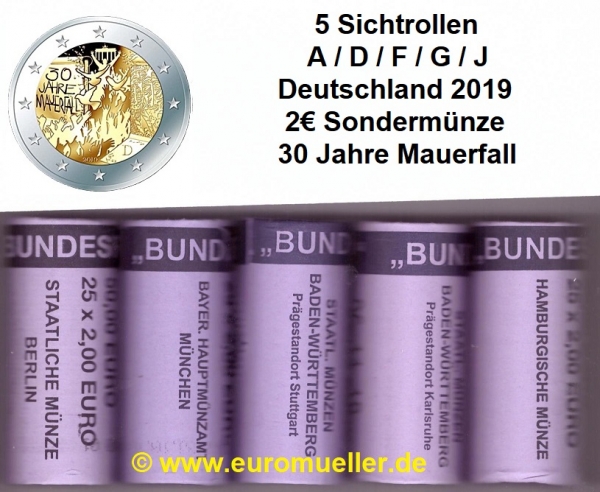 5 Rollen 2 Euro Sondermünze Deutschland 2019 Mauerfall