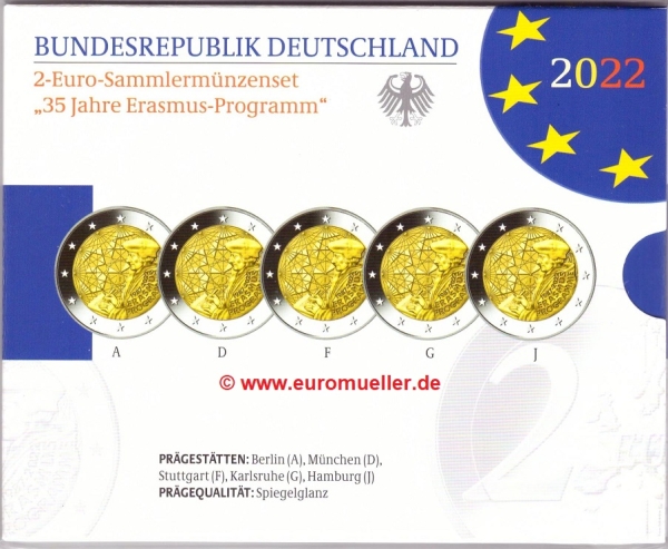 5x 2 Euro Sondermünze Deutschland 2022 Erasmus PP