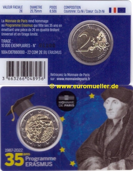 2 Euro Sondermünze Frankreich 2022 Erasmus bu.