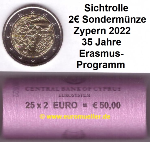 Rolle 2 Euro Sondermünze Zypern 2022 Erasmus