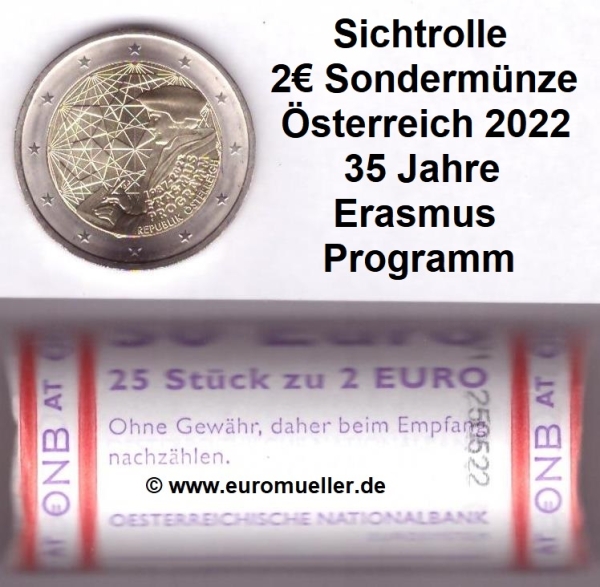Rolle 2 Euro Sondermünze Österreich 2022 Erasmus