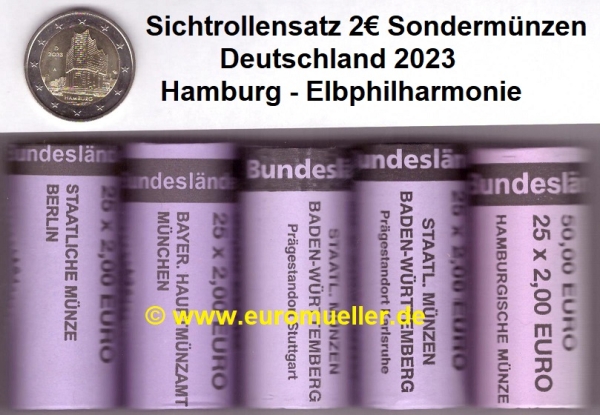 5 Rollen Deutschland 2 Euro Sondermünze 2023 Hamburg