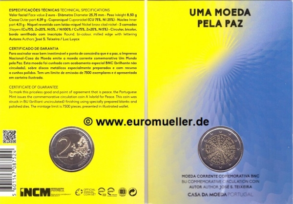 2 Euro Sondermünze Portugal Frieden bu.