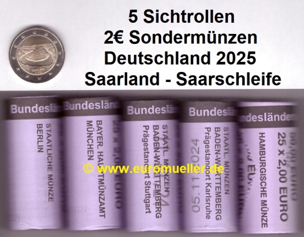 5 Rollen 2 Euro Sondermünzen Deutschland 2025 Saarland