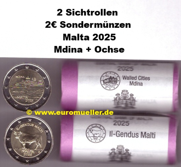 2 Rollen 2 Euro Sondermünzen Malta 2025 Mdina + Ochse