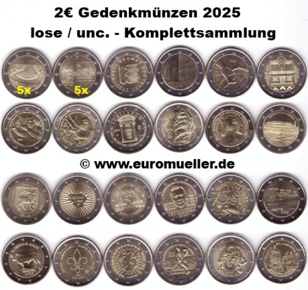 32x 2 Euro Gedenkmünzen  2025 lose / unc. komplett