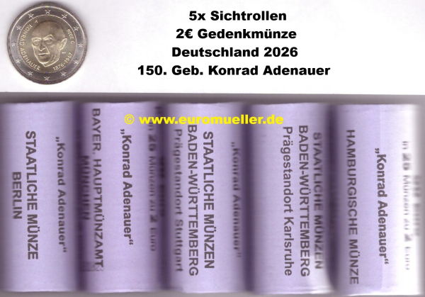 5 Rollen 2 Euro Gedenkmünze Deutschland 2026 - K. Adenauer A-J