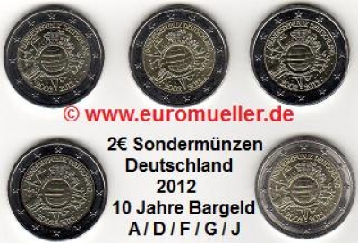 5x 2 Euro Sondermünze Deutschland 2012 Bargeld ADFGJ