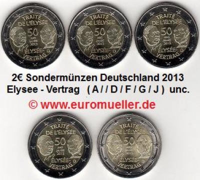 5x 2 Euro Sondermünze Deutschland 2013 Elysee Vertrag