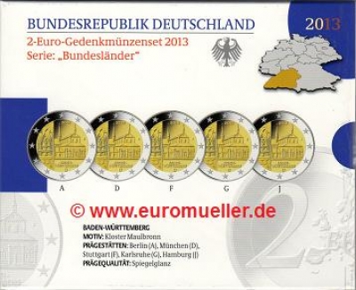 5x 2 Euro Sondermünzen Deutschland 2013 Maulbronn PP