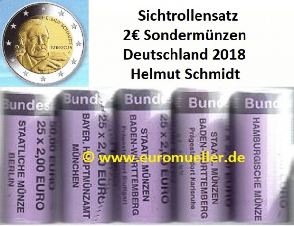 5 Rollen 2 Euro Sondermünze Deutschland 2018 Schmidt