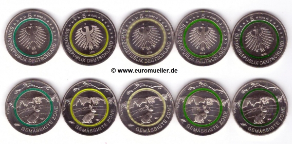 5x 5 Euro Gedenkmünze Deutschland 2019 ADFGJ