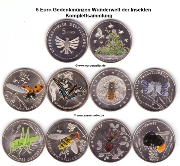 9x 5 Euro Gedenkmünzen Deutschland 2022-2024 Insekten