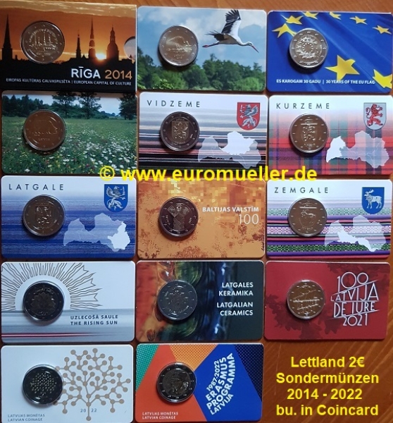 Lettland 2 Euro Sondermünzen Sammlung 2014 - 2022 bu.