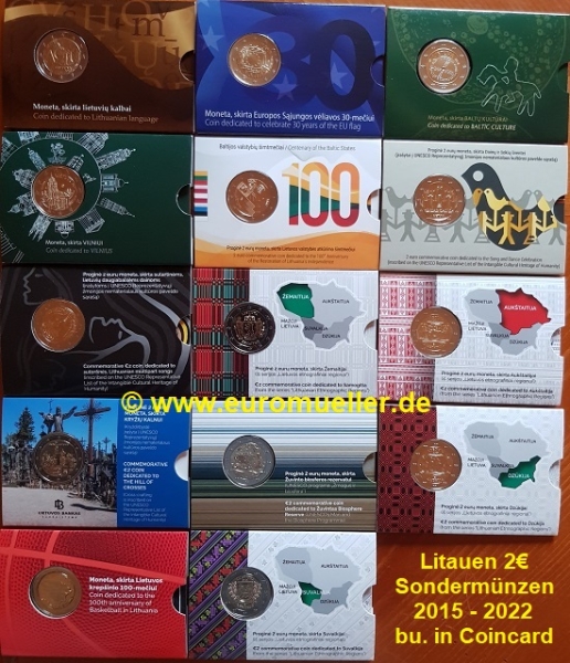 Litauen 2 Euro Sondermünzen Sammlung 2015 - 2022 bu.