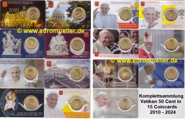 Vatikan Komplettsammlung 50 Cent Coincards 2010-2024